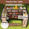 Bar table with heat-resistant tempered glass top, 2-tier metal shelves, and 4-row glass holders for outdoor use.