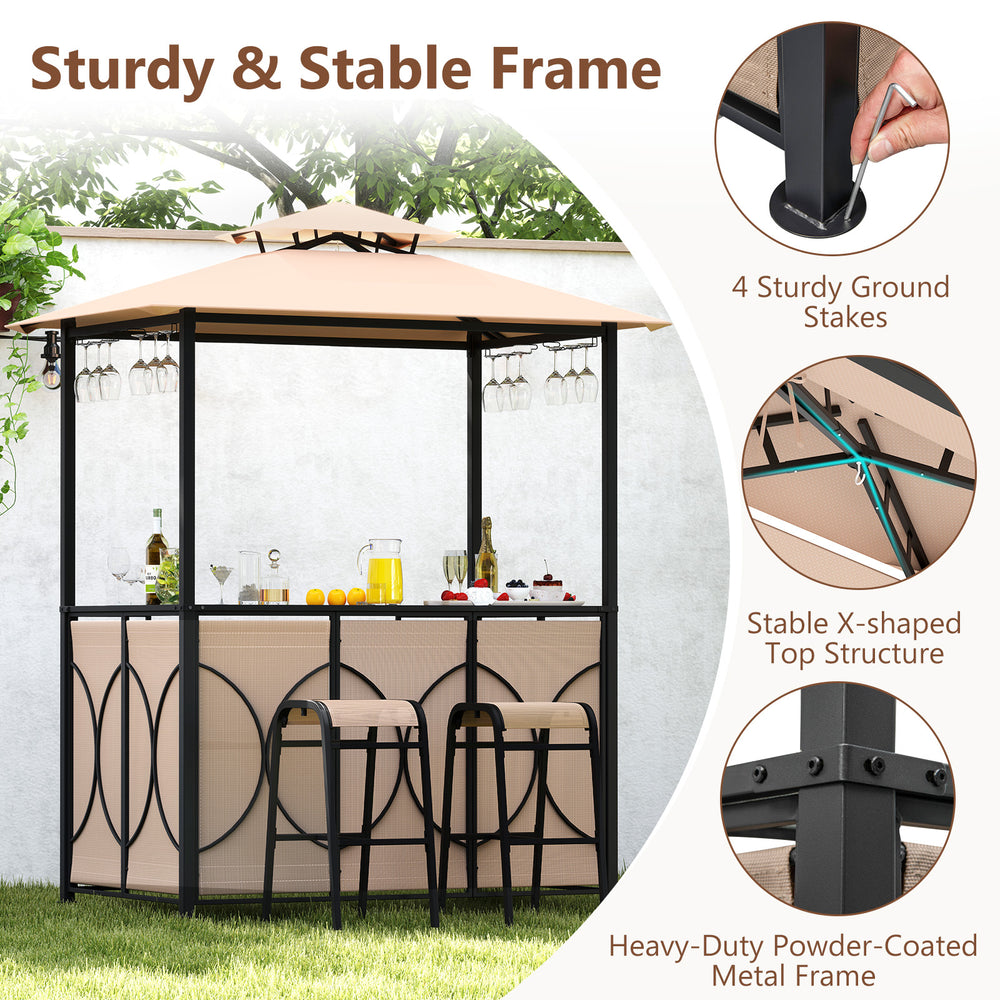 Grill gazebo set featuring a brown bar table, two ergonomic stools, and a durable double roof for outdoor use.