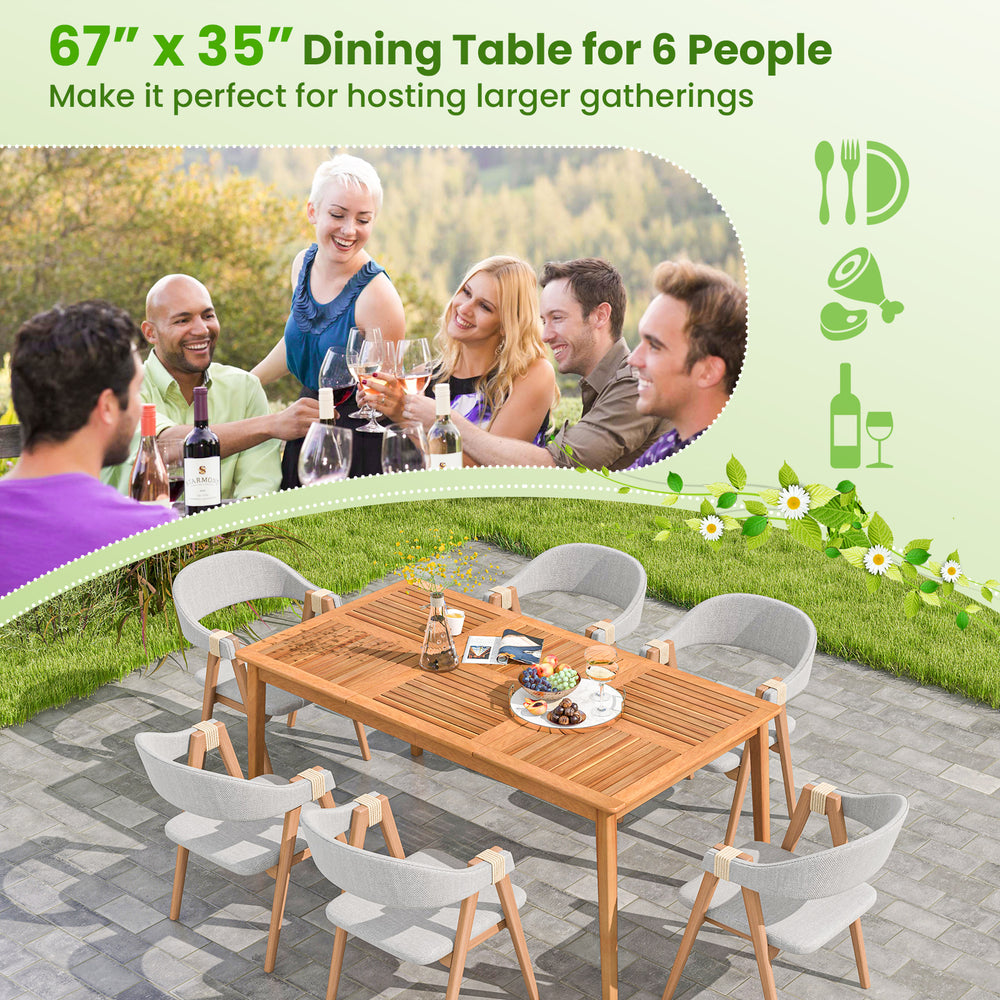 Rectangular 67" x 35" acacia wood dining table for 6, perfect for outdoor gatherings with a natural finish and umbrella.
