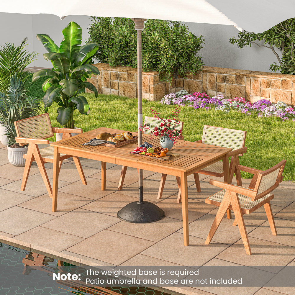 Acacia wood rectangular bistro dining table for 6, featuring a natural finish and umbrella hole, ideal for outdoor.