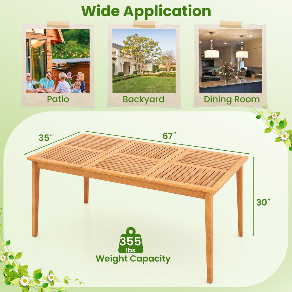 Acacia wood rectangular bistro dining table for 6, featuring a natural finish and 1.96" umbrella hole, ideal for.