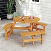 Round picnic table set made of natural fir wood with 3 built-in benches, ideal for outdoor dining and gatherings.
