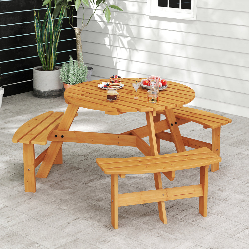 Round picnic table set made of natural fir wood with 3 built-in benches, ideal for outdoor dining and gatherings.