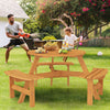 Round picnic table set with 3 built-in benches in natural fir wood, perfect for outdoor meals with family and friends.