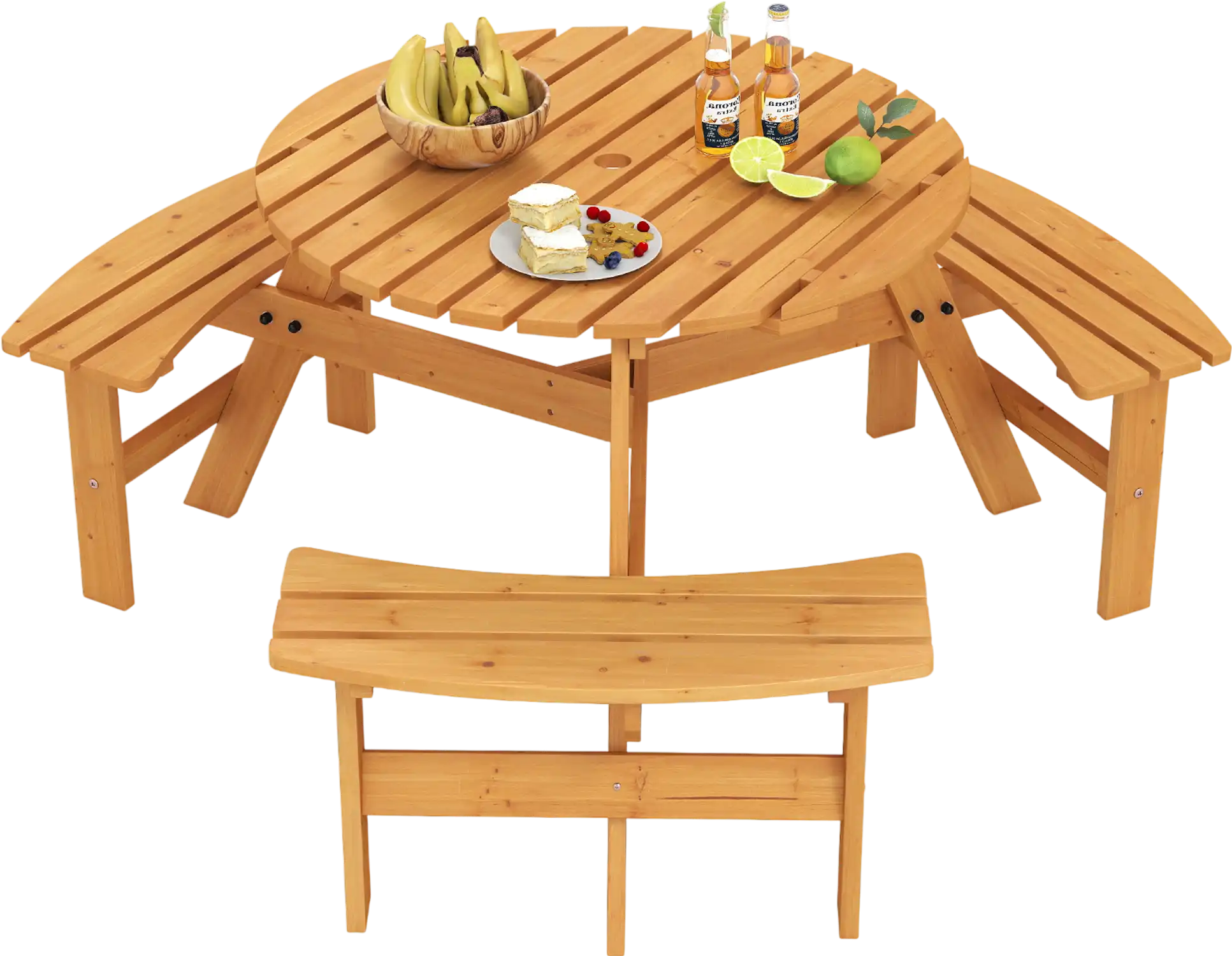 Costway 6-Person Round Picnic Table Set w/ 3 Built-In Benches & Umbrella Hole 457862931 New