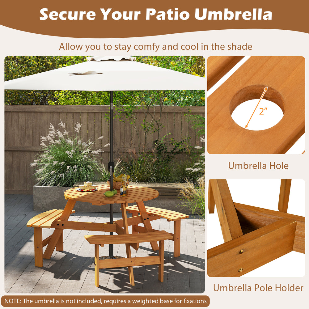 Round picnic table set with 3 benches, natural fir wood, umbrella hole for outdoor shade, perfect for 2-6 people.