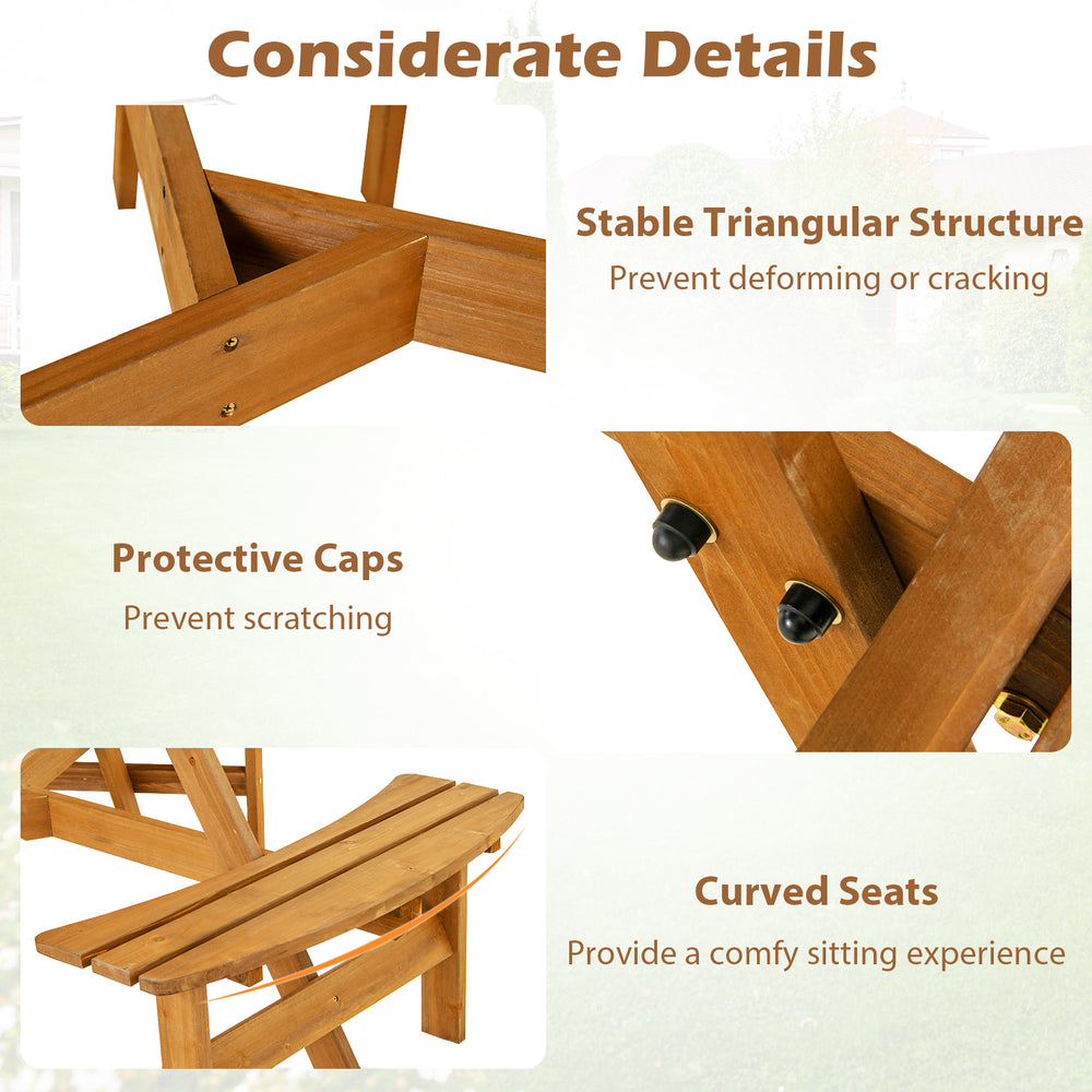 Curved seat detail of the 6-person round picnic table set, crafted from natural fir wood for outdoor comfort and.