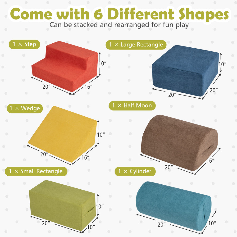 Multicolor 6-piece baby climbing blocks made of high-density foam, featuring various shapes for safe play and.