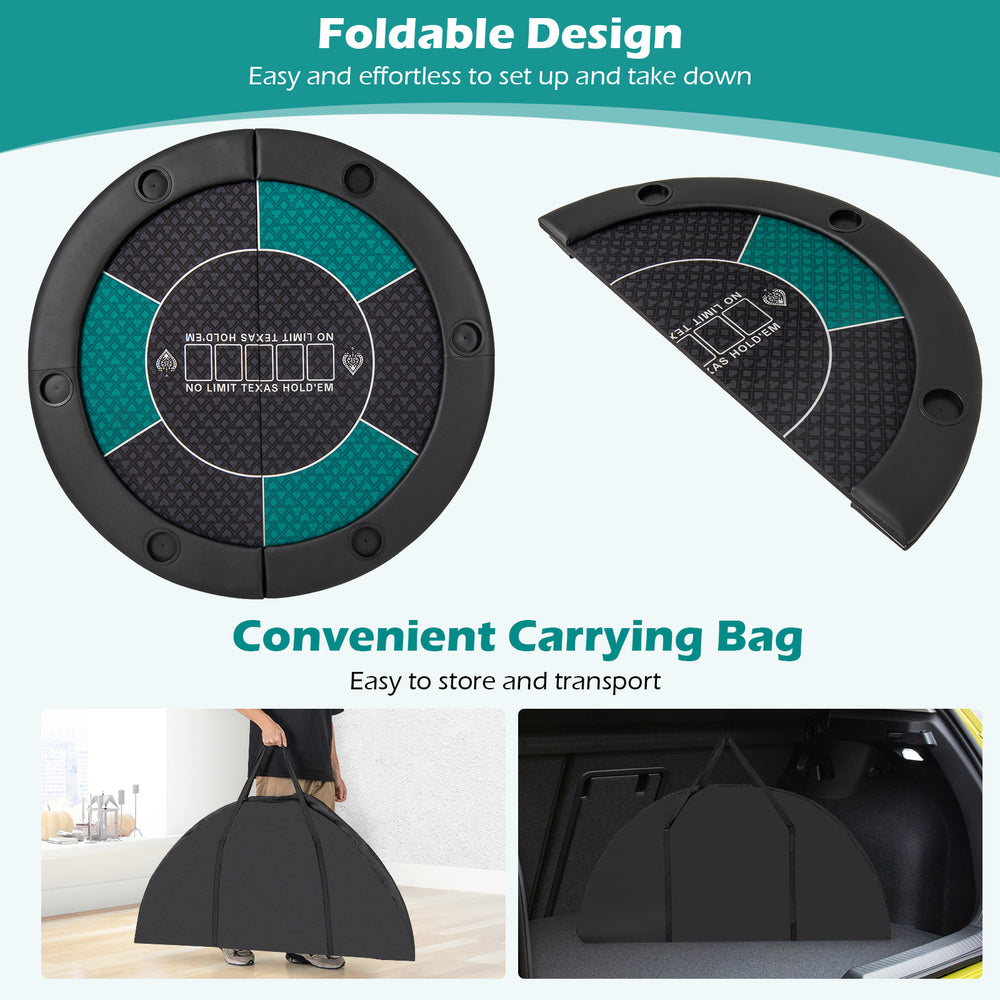 Foldable 48-inch poker table top with green felt, 10 cup holders, and carrying bag for easy transport and storage.