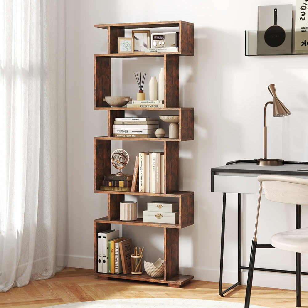 6-Tier Geometric Bookshelf with 2 Anti-Tipping Kits for Home Office-Brown - Gallery View 1 of 9