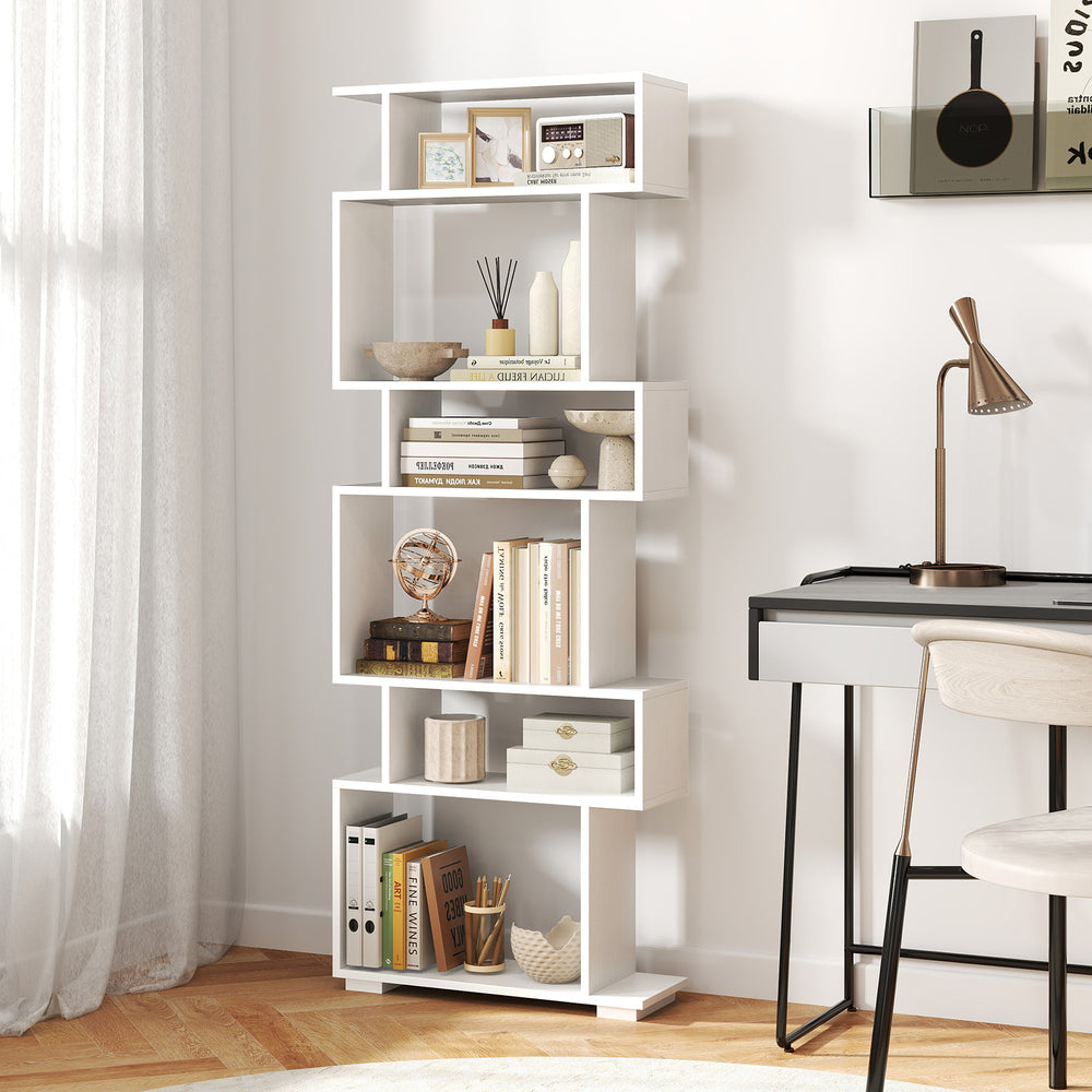 6-Tier Geometric Bookshelf with 2 Anti-Tipping Kits for Home Office-White - Gallery View 1 of 9