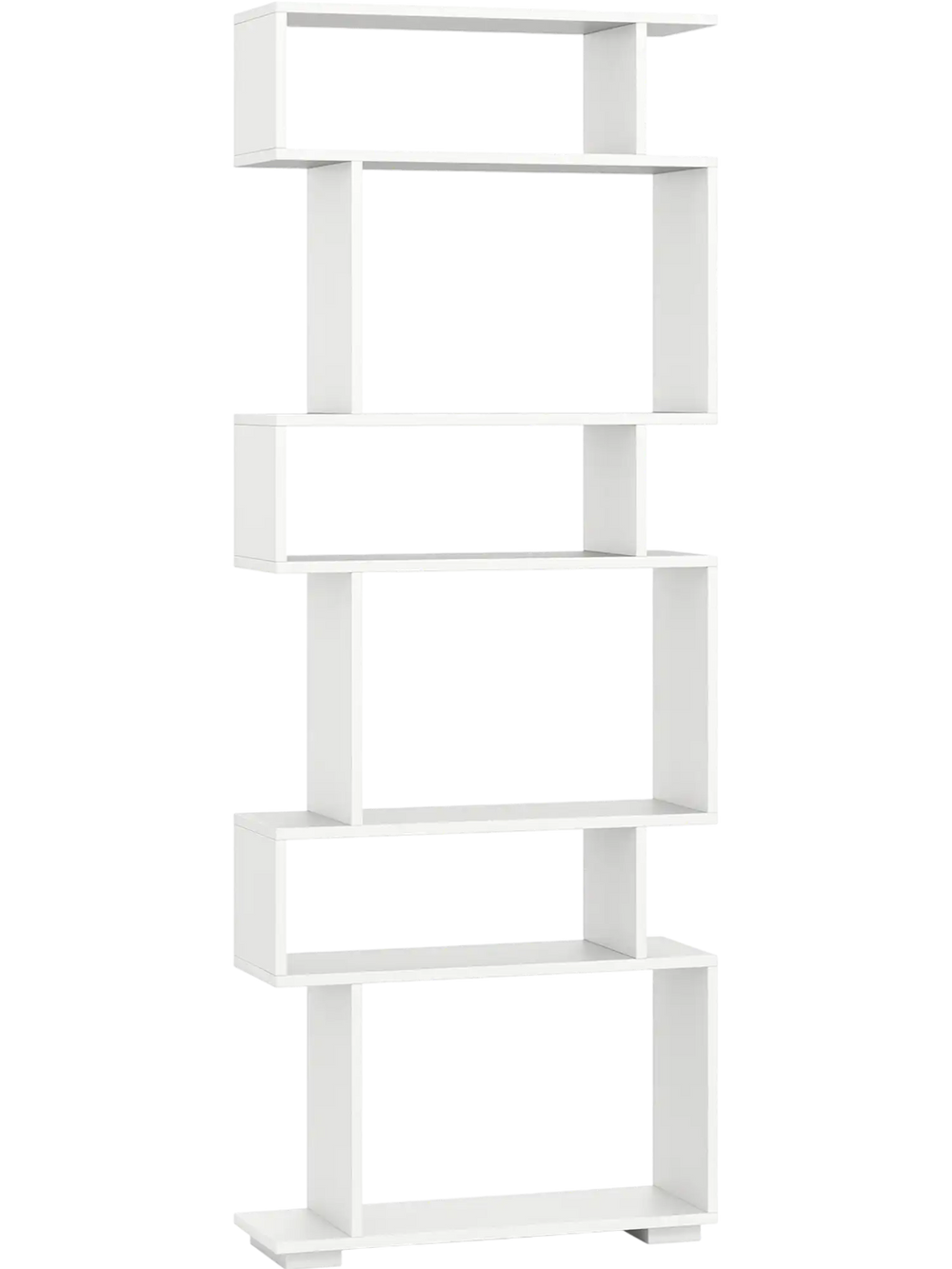White 6-tier geometric bookshelf with elevated base and concealed screw holes, ideal for stylish storage in any room.