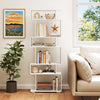6-tier geometric bookshelf in white with books and decor, featuring anti-tipping kits for home office safety.