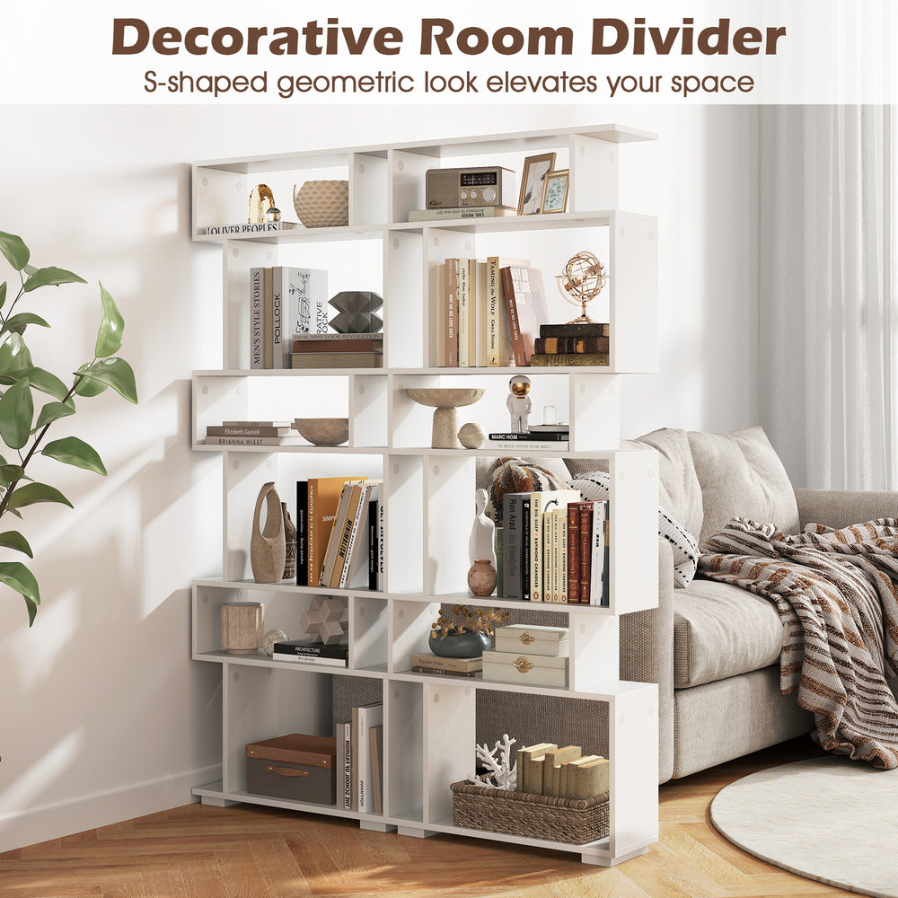 6-tier geometric bookshelf in white with anti-tipping kits, perfect for modern storage in home office or living room.