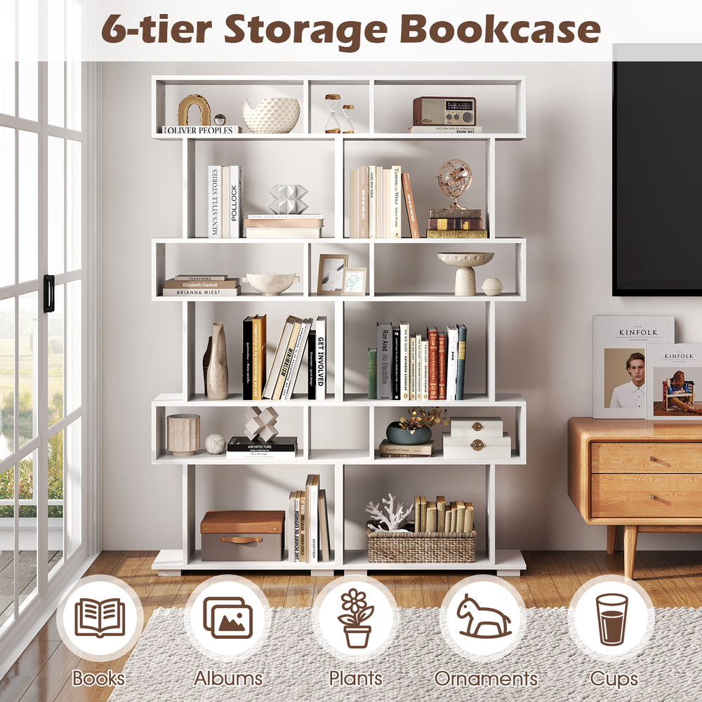 6-tier geometric bookshelf in white featuring a clean design with decorative items, ideal for enhancing any living.