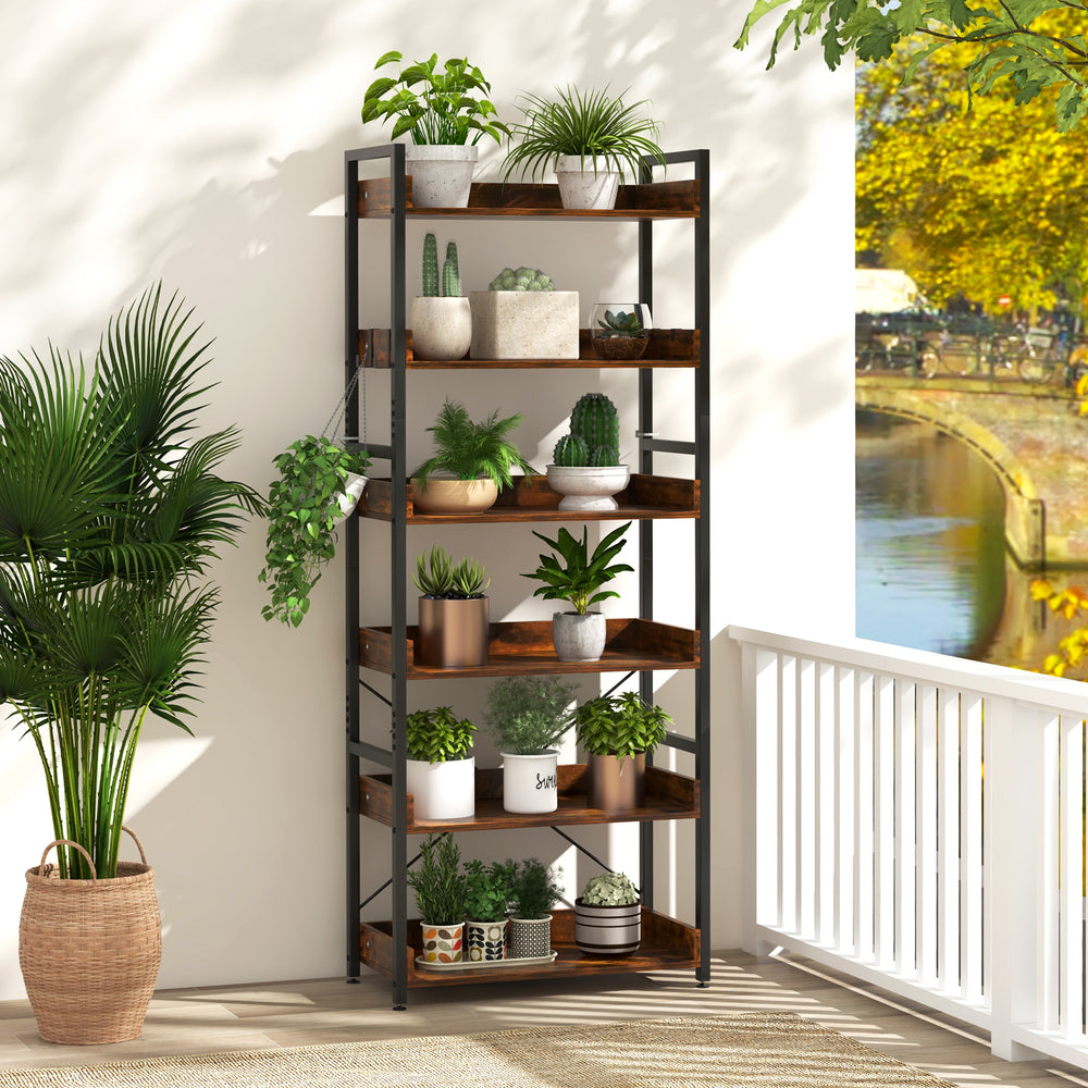 6-tier tall industrial bookcase with open shelves, brown finish, perfect for displaying plants and decor in any room.