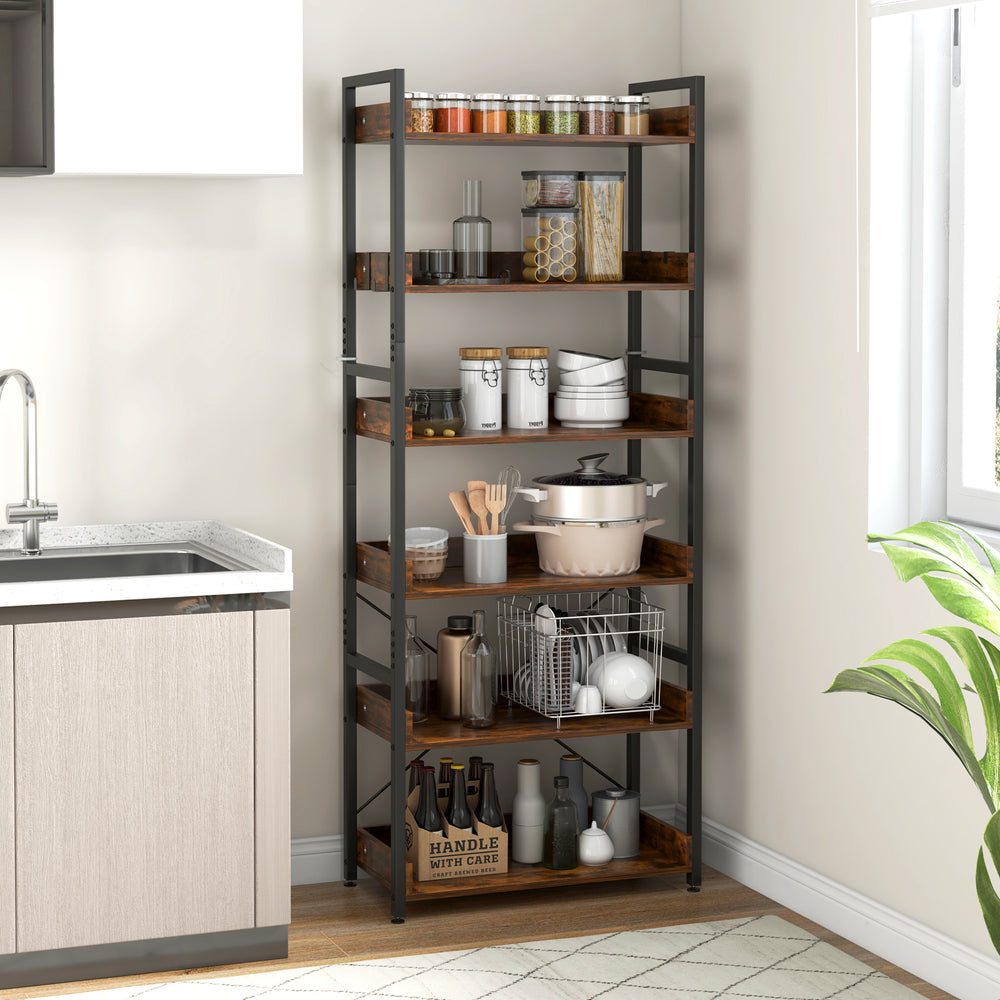 6-tier tall industrial bookcase with open shelves and hooks, featuring a brown finish for versatile home storage.