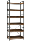 6-tier tall industrial bookcase with open shelves and 4 hooks, featuring a sturdy metal frame and brown wood finish.
