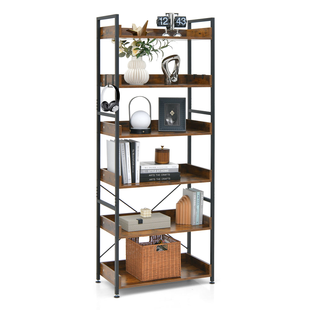 6-tier tall industrial bookcase with open shelves, brown finish, and 4 hooks for versatile storage in any room.