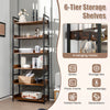 6-tier tall industrial bookcase in brown with open shelves and 4 hooks, ideal for living room or study storage.
