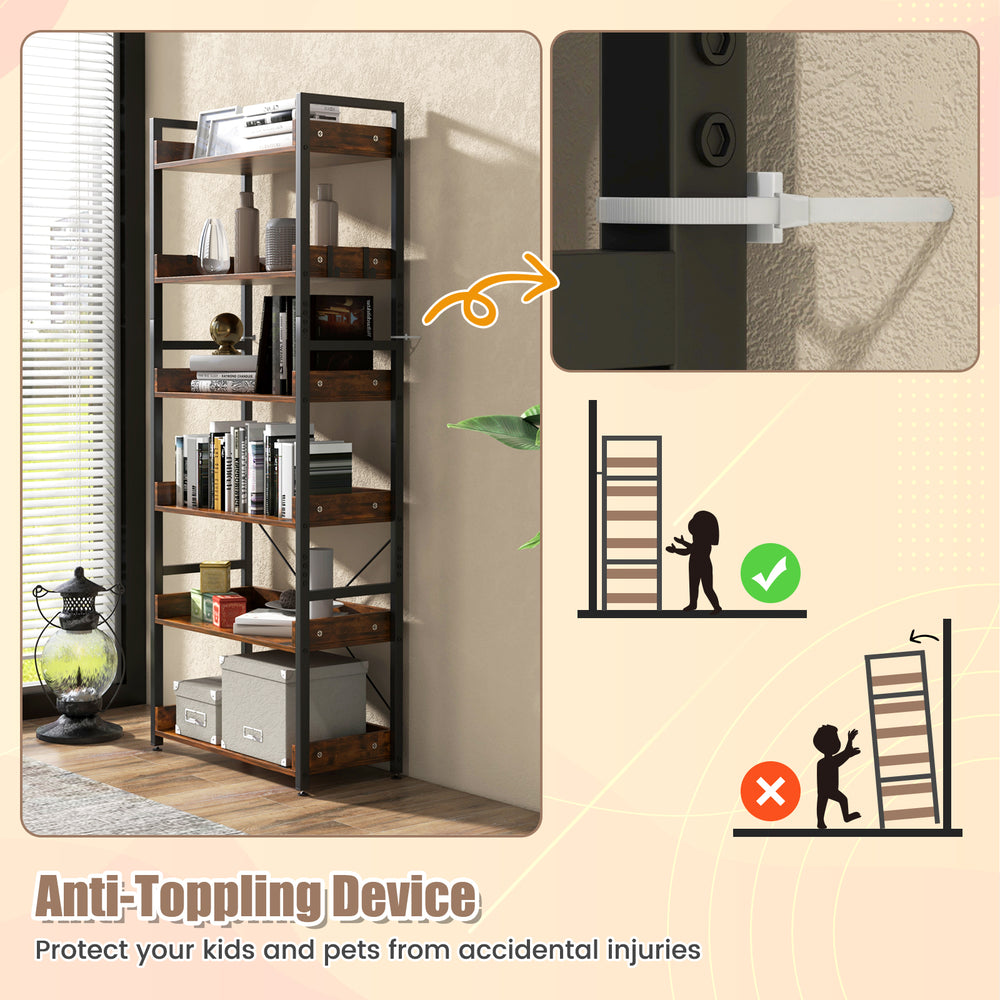6-tier tall industrial bookcase with open shelves and hooks, featuring a sturdy metal frame and anti-toppling device.