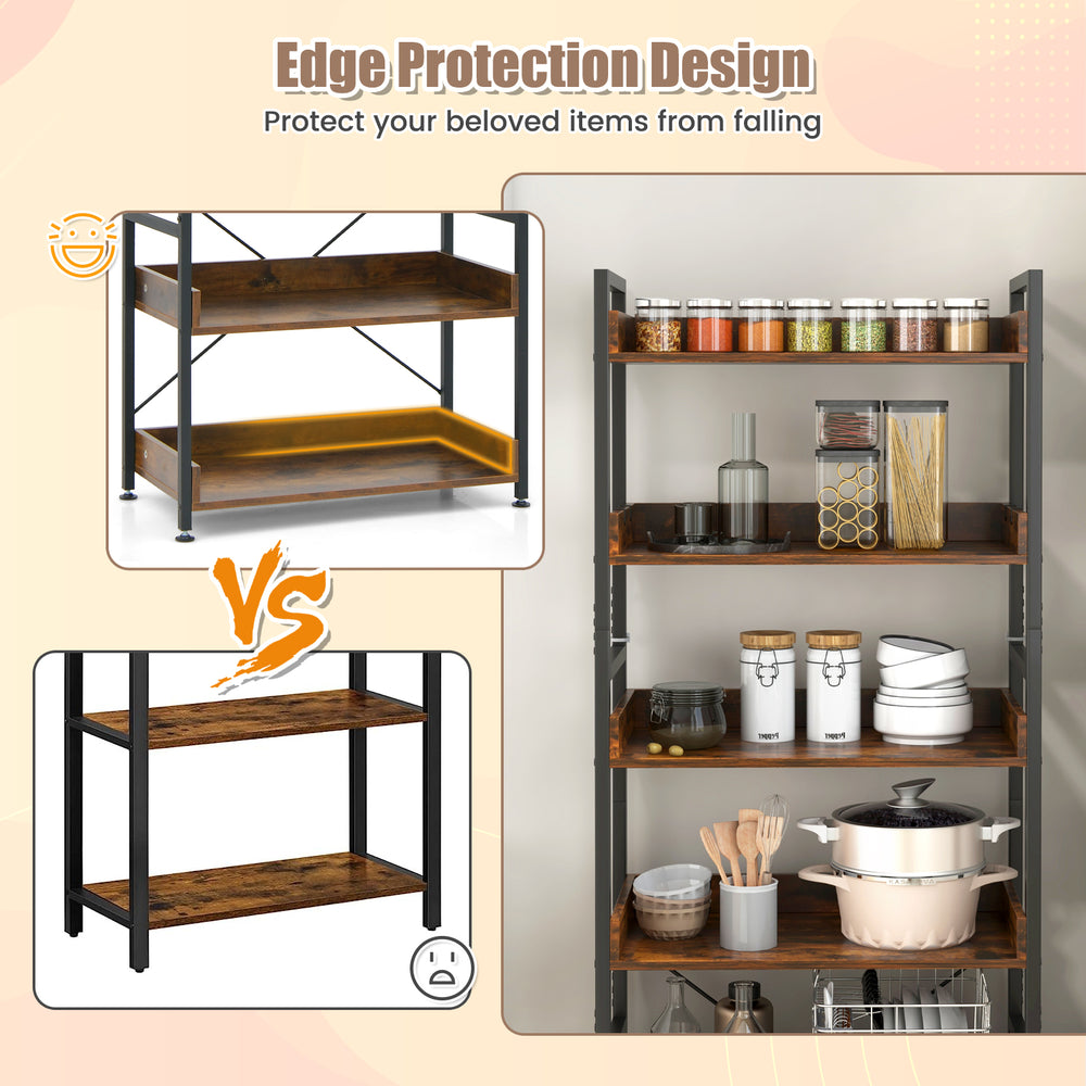 6-tier tall industrial bookcase with open shelves and hooks, featuring raised edges for protection and sturdy metal.