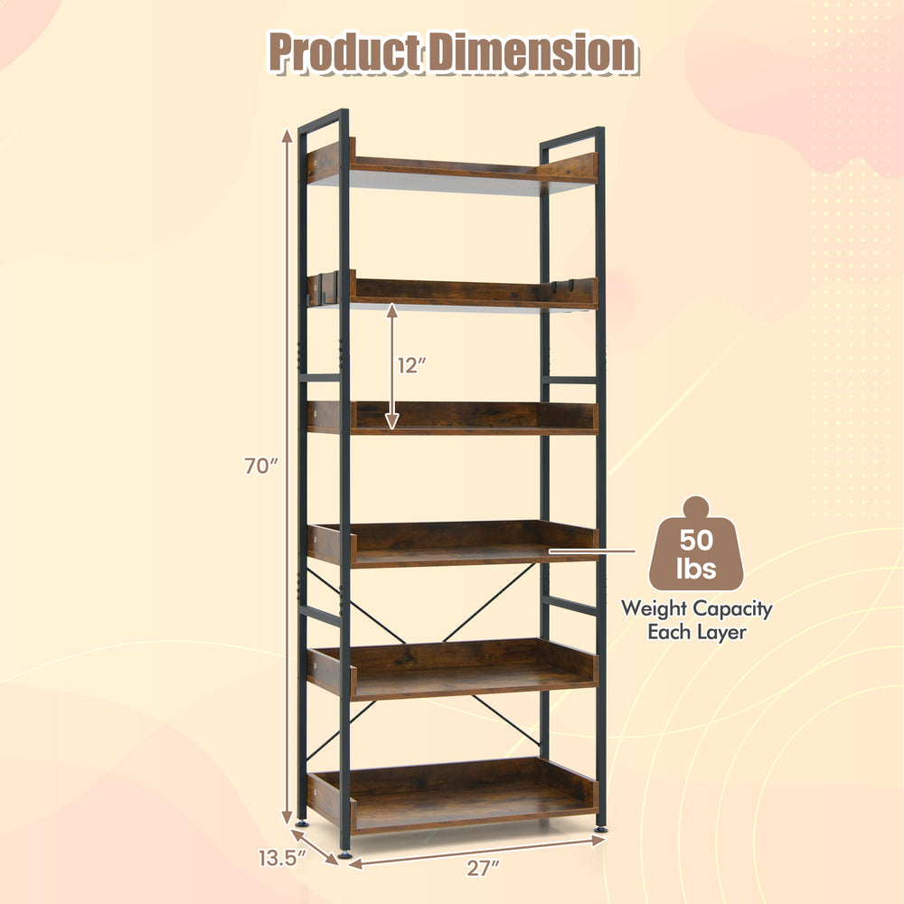 6-tier tall industrial bookcase in brown with open shelves and hooks, perfect for living room or study storage.