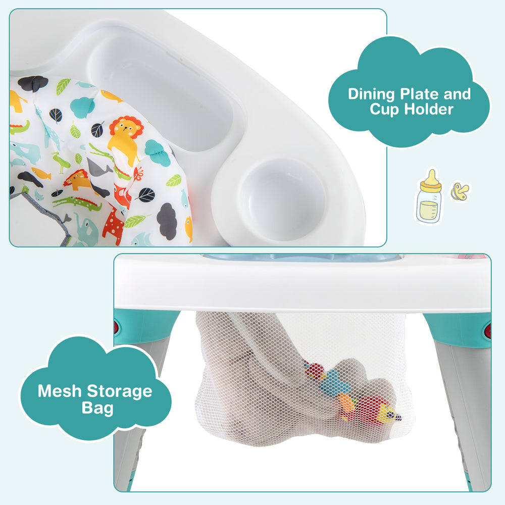 Dining plate and cup holder with a mesh storage bag for toys in the 6-in-1 baby activity center.