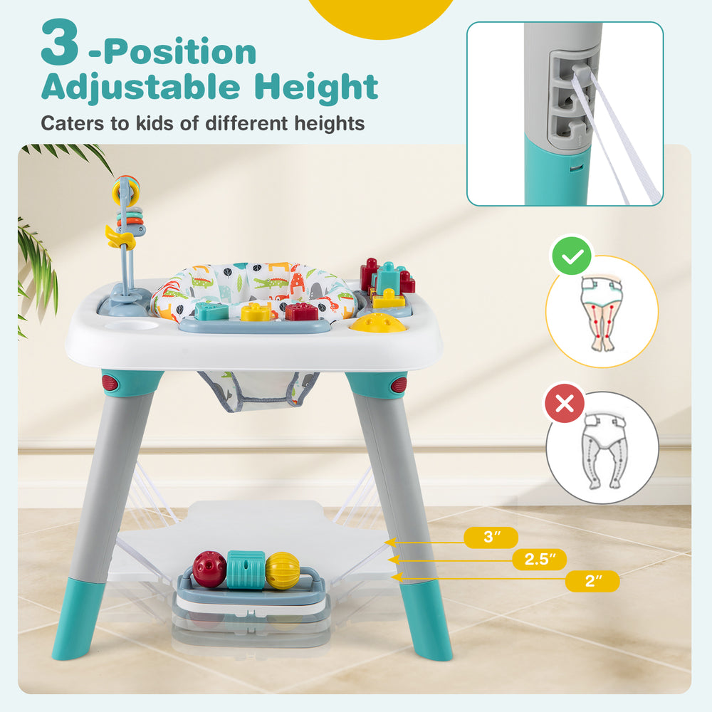 Adjustable height settings of the 6-in-1 Baby Activity Center for toddlers, featuring a 360° rotating seat and toy.