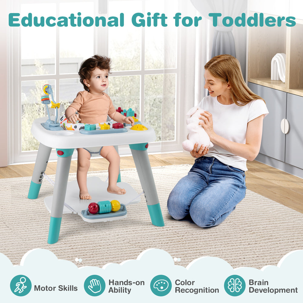 6-in-1 Baby Activity Center with adjustable height, rotating seat, and interactive toys for toddlers aged 6-36 months.