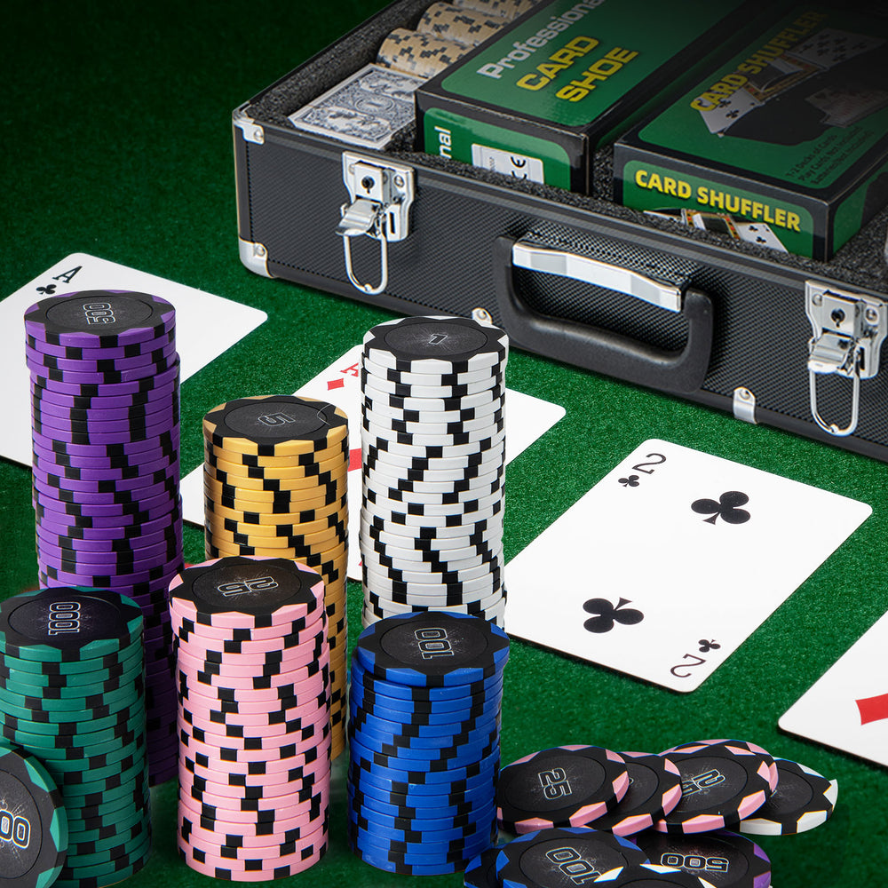 600-piece poker chip set with 14g claytec chips, card shuffler, and carrying case, perfect for Texas Holdem and.