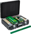 600-piece poker chip set in a black carrying case, featuring 14g clay chips, card shuffler, and accessories for game.