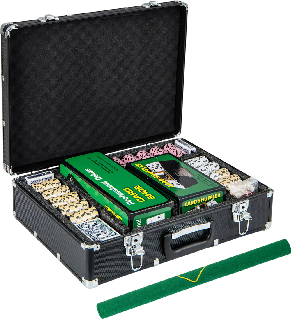 600-piece poker chip set in a black carrying case, featuring 14g clay chips, card shuffler, and accessories for game.