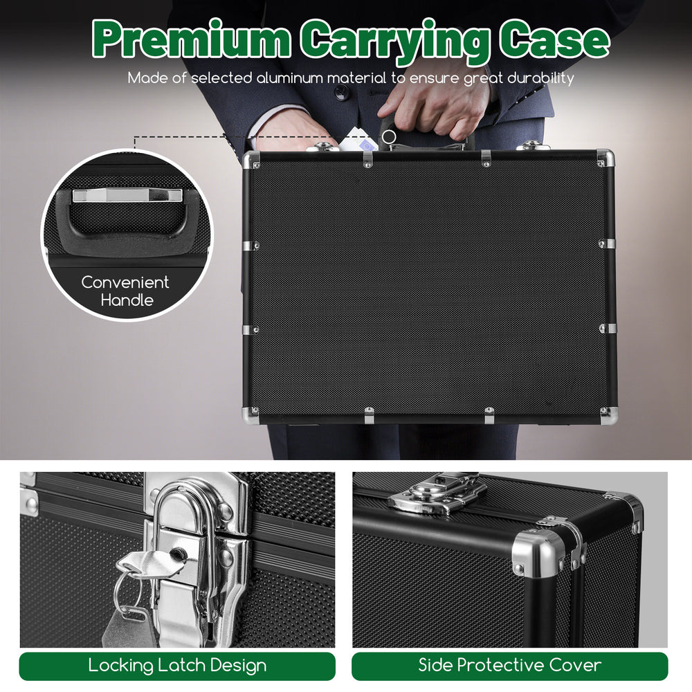 Premium carrying case for 600-piece poker chip set, featuring a locking latch design and convenient handle for easy.