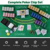 Complete poker chip set with 600 claytec chips, card shuffler, felt, and carrying case for casino-style games.