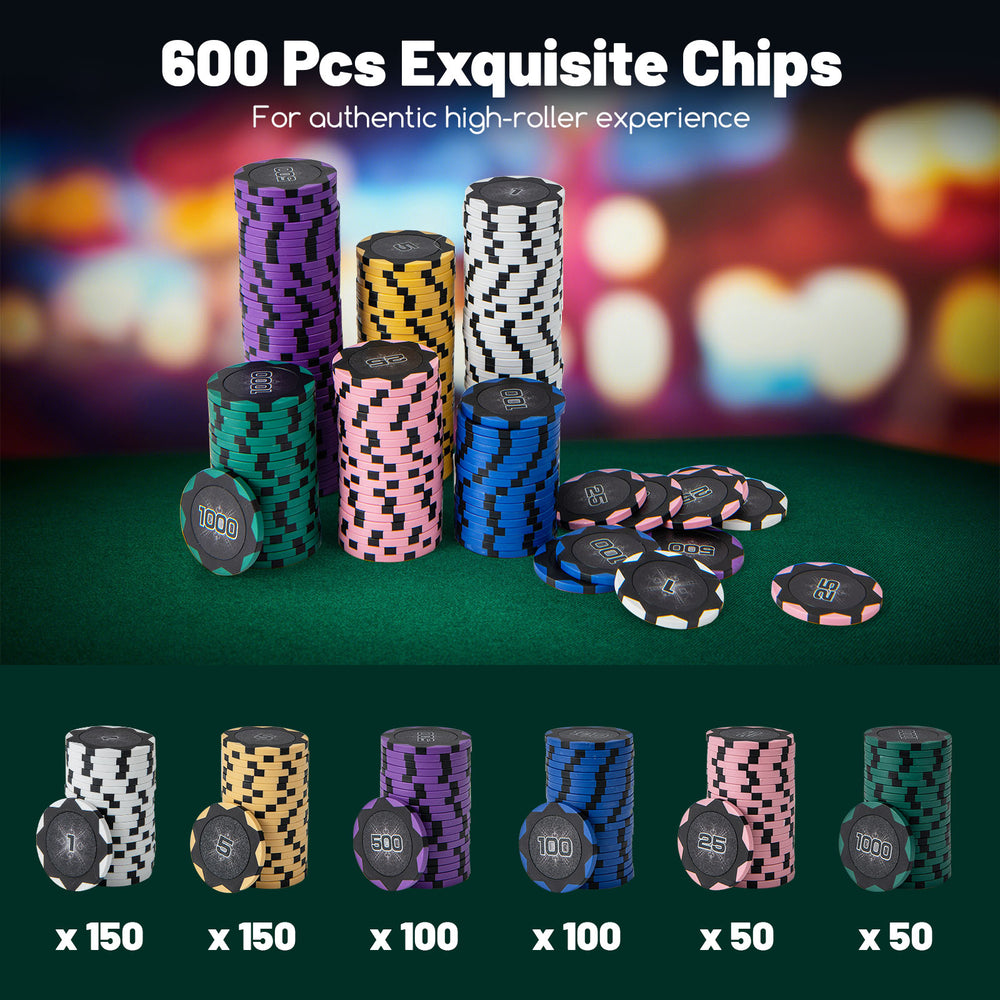 600-piece poker chip set featuring 14-gram claytec chips in various colors, ideal for Texas Holdem and card games.
