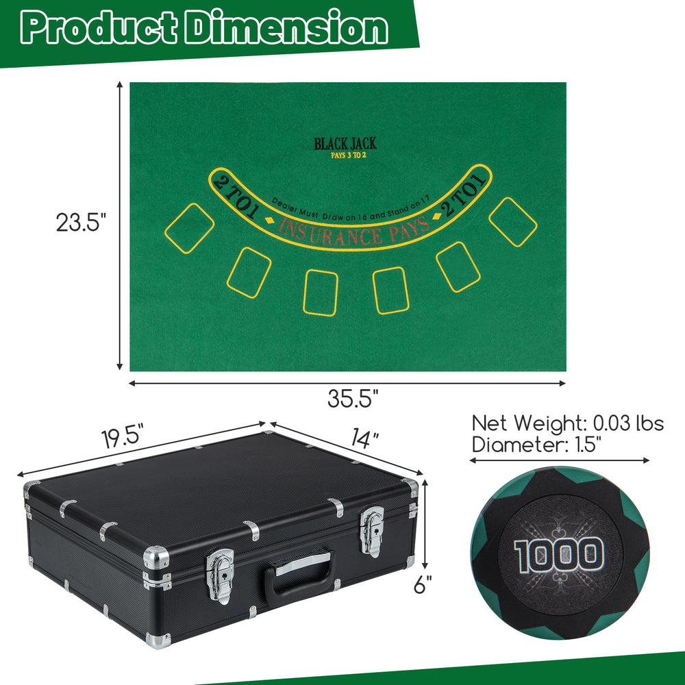 Poker chip set with 600 claytec chips, carrying case, and accessories for Texas Holdem and Blackjack games.