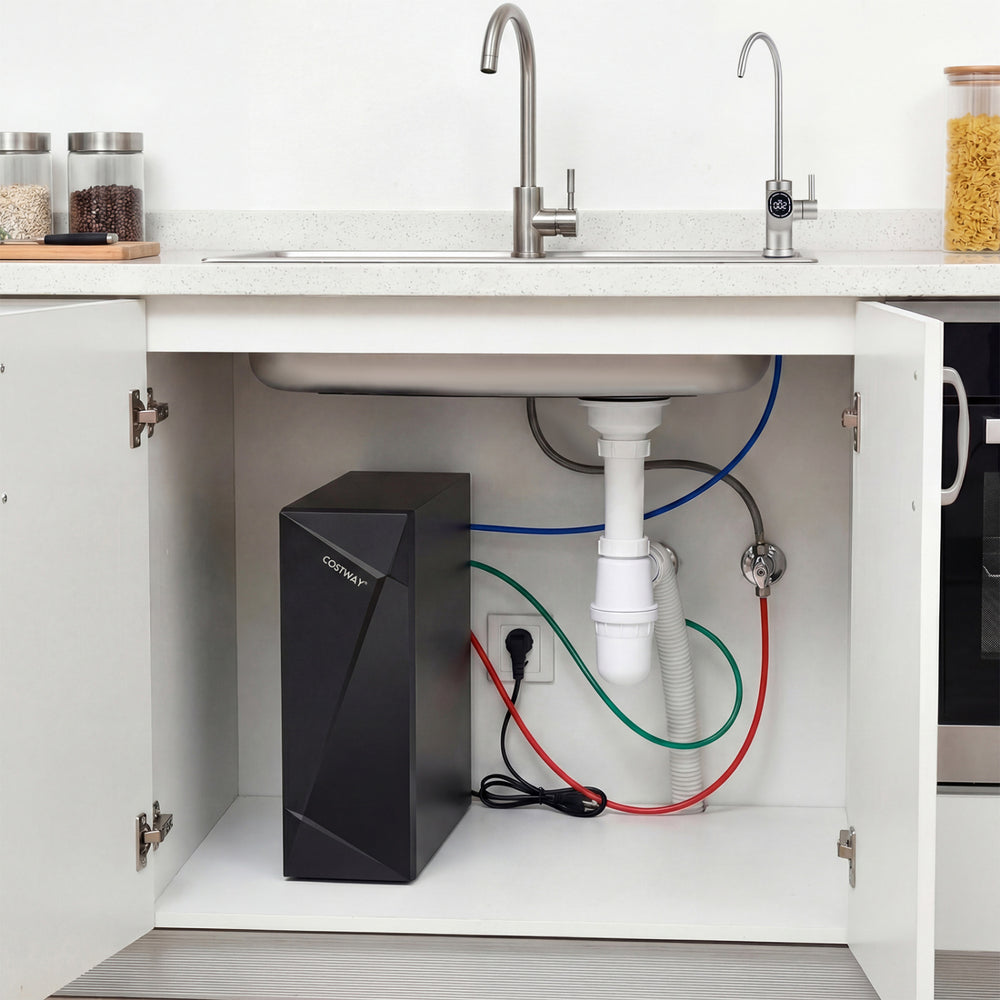 Compact 600 GPD AW-RB20 alkaline reverse osmosis water filter installed under a sink with visible connections and smart.
