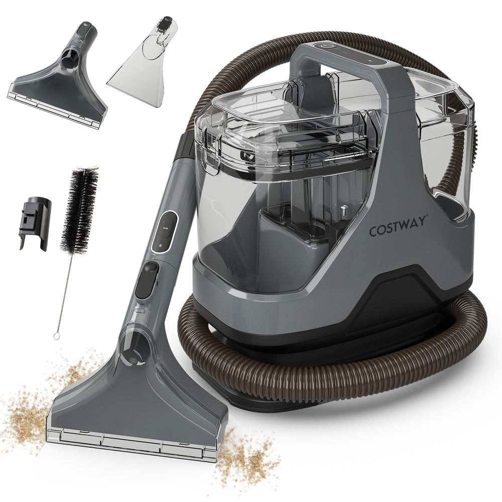 Upholstery cleaner machine in gray with powerful 15kPa suction and versatile attachments for deep stain removal.