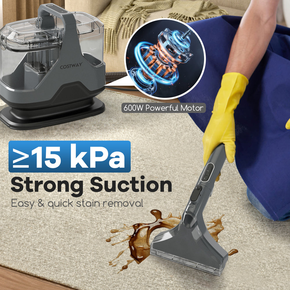 Upholstery cleaner machine in gray with 15kPa suction, ideal for quick stain removal on carpets and furniture.
