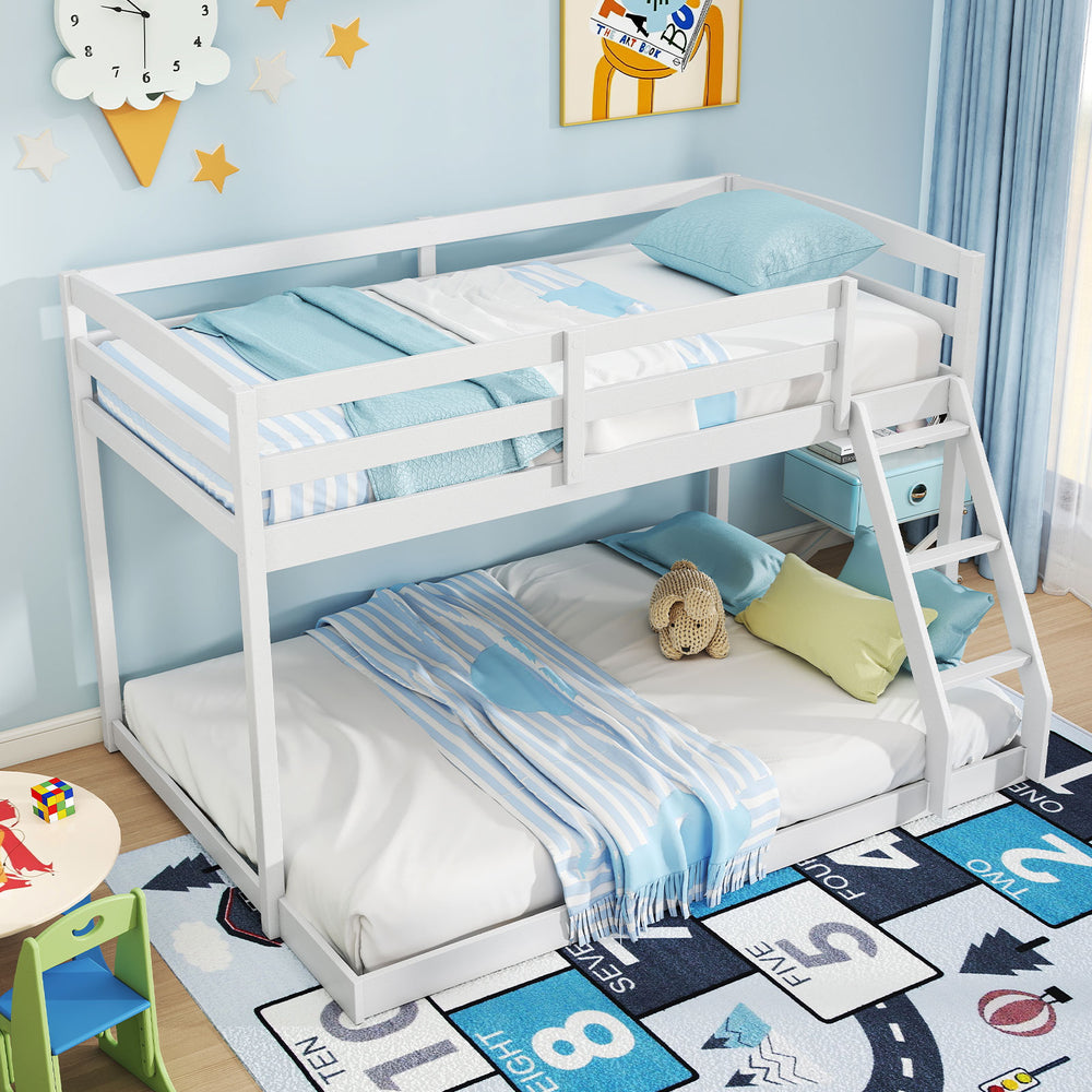 Twin over full low floor bunk bed frame in white with solid pine wood, guardrails, and integrated ladder for kids'.
