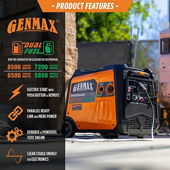 GENMAX GM8500iAED 50A 6500W/8500W Inverter Generator Dual Fuel Gas Propane Low THD Remote Start CO Sensor New