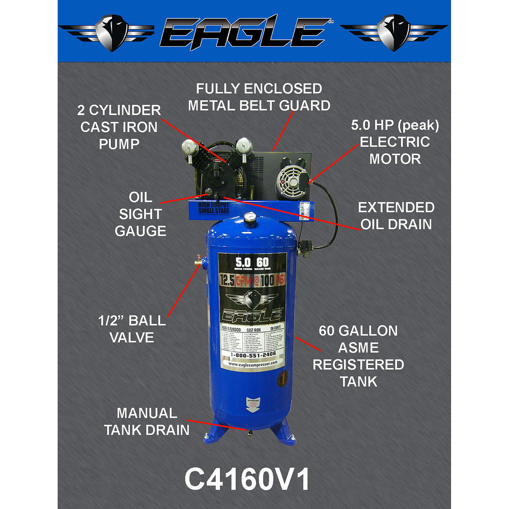 Eagle C4160V1 Air Compressor Upright 150 PSI 60 Gallon 12.5 CFM 5 HP Electric 208/230V New