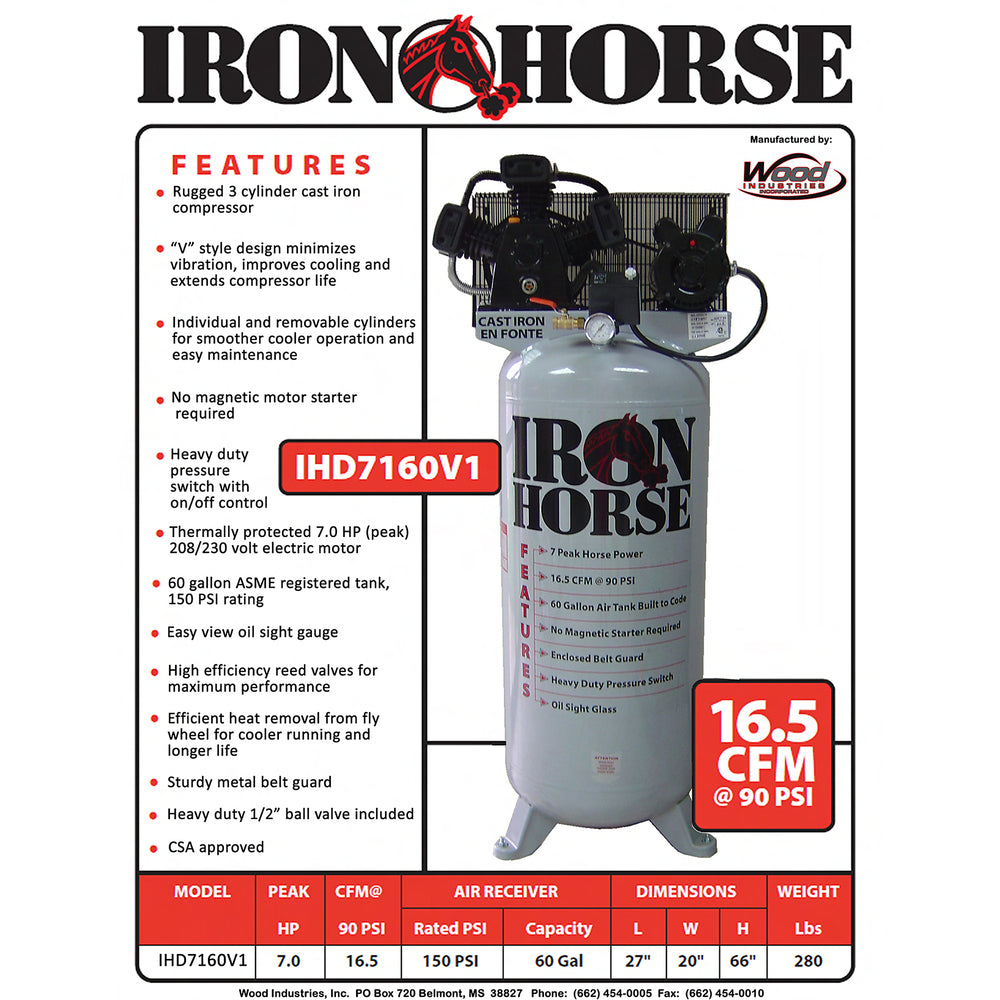 Iron Horse 60 Gallon Stationary Air Compressor IHD7160V1 - feature/spec graphic