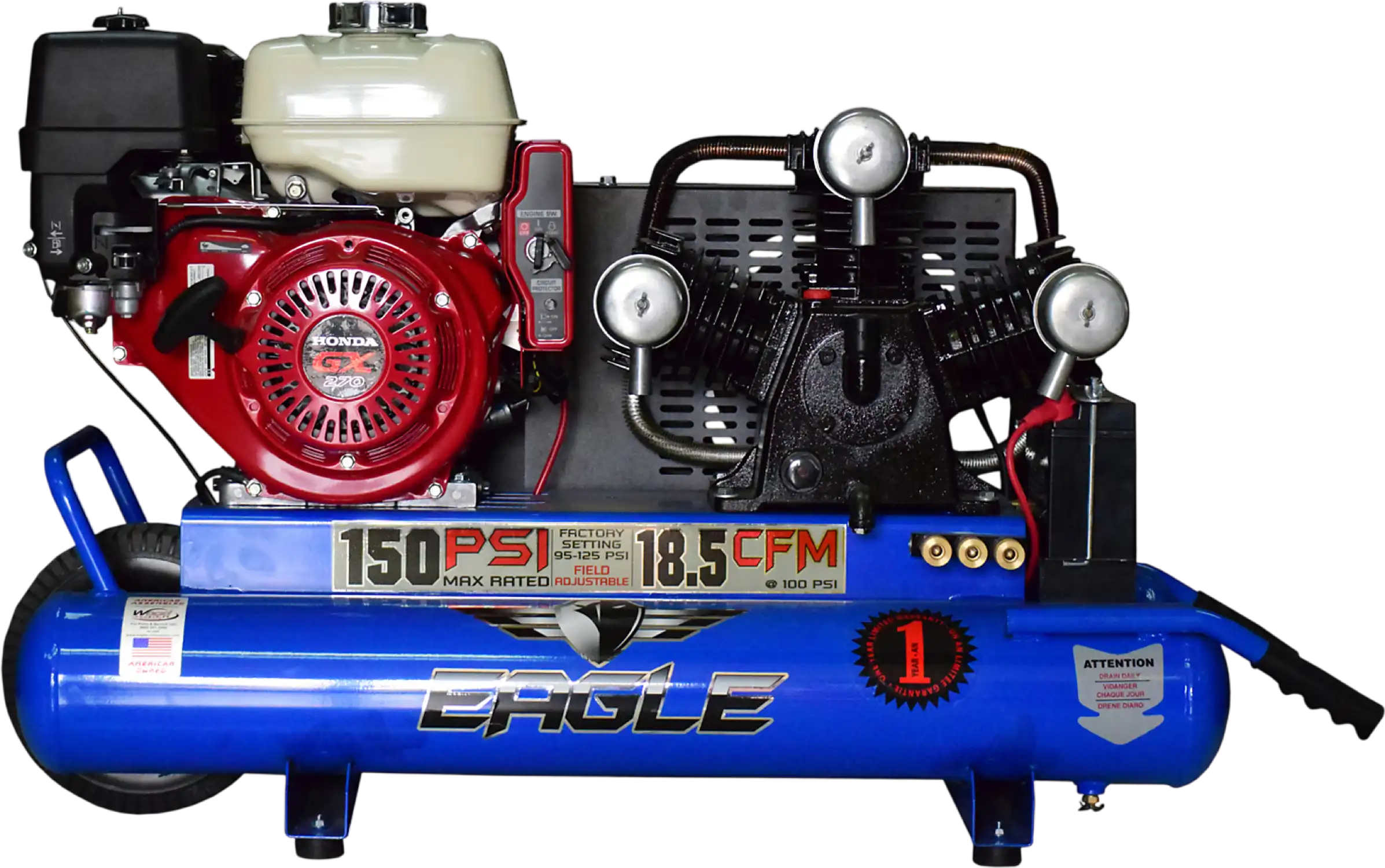Eagle TT90GE Air Compressor Wheelbarrow 150 PSI 10 Gallon 18.5 CFM 9 HP Honda GX270 Electric Start New