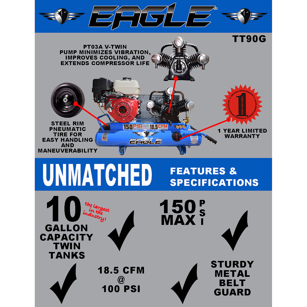 Eagle TT90G Air Compressor Wheelbarrow 150 PSI 10 Gallon 18.5 CFM 9 HP Honda GX270 New