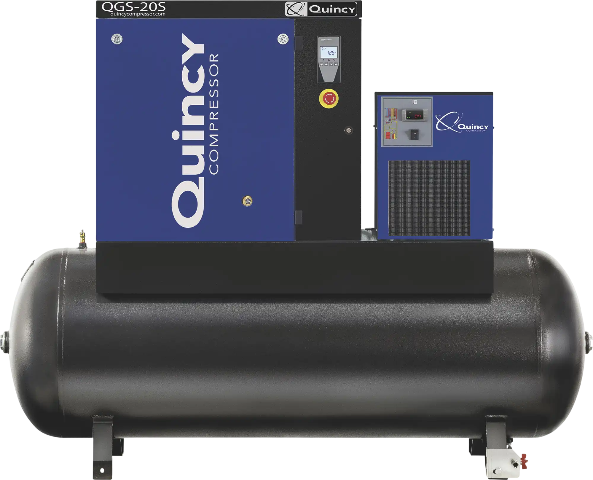 Quincy Compressor QGS 20 S Rotary Screw Air Compressor, Tank Mounted, w/ Dryer, 230V 3-Phase, 20 HP, 132 Gallon, 60.8 CFM New