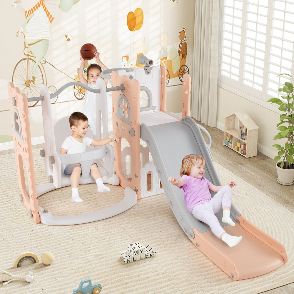 7-in-1 Toddler Swing and Slide Set L-shaped with Ladder and Basketball Hoop-Pink - Gallery View 1 of 11