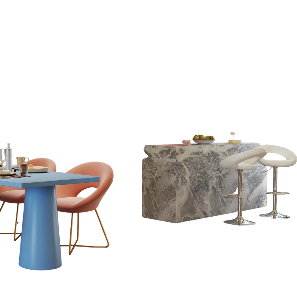 Modern velvet accent chairs in pink with golden legs and height-adjustable bar stools for stylish dining and kitchen.
