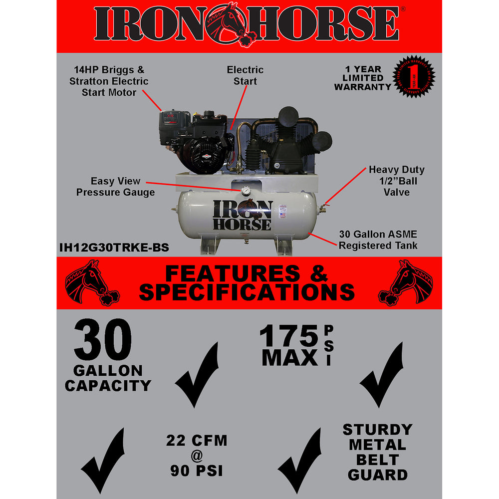 Iron Horse 30 Gallon Truck Mount Compressor, Model IH12G30TRKE-BS - image 3
